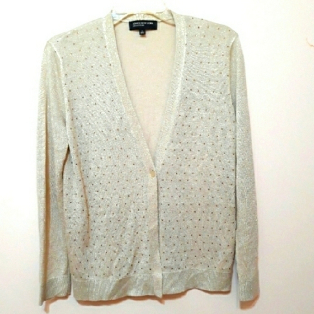 Jones New York Collection Cream Knit Long-Sleeve  Beaded Sparkle Cardigan Large